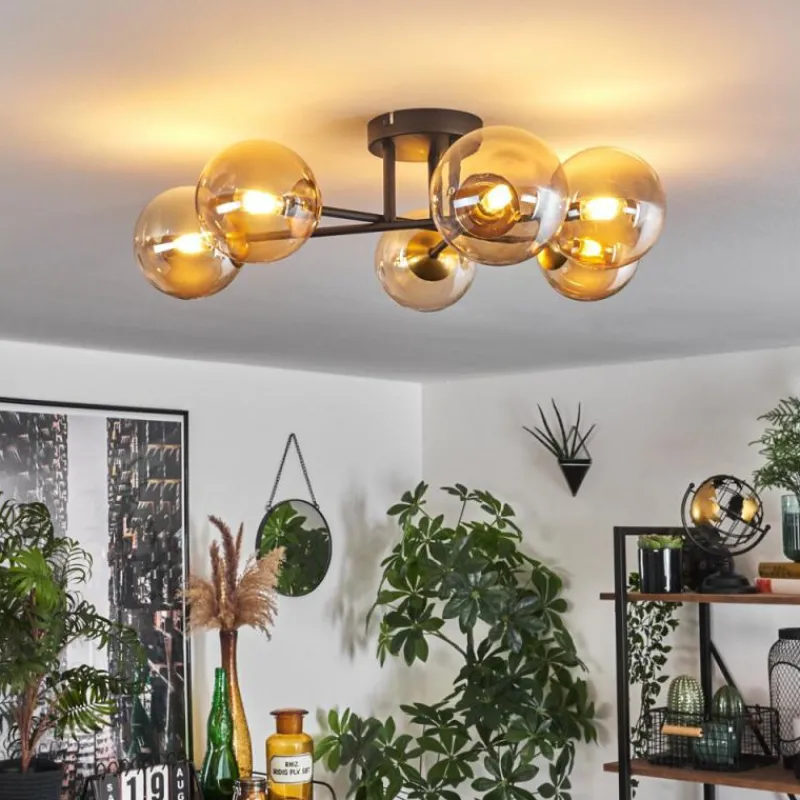 hofstein Plafonnier - Verre 12 cm Chehalis Or, Noir, 6 lumières