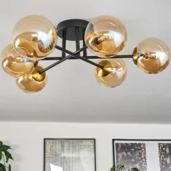 hofstein Plafonnier - Verre 12 cm Chehalis Or, Noir, 6 lumières