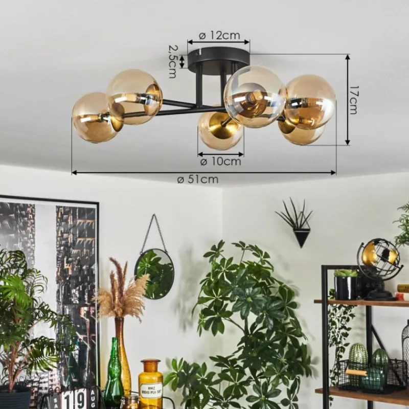 hofstein Plafonnier - Verre 10 cm Chehalis Or, Noir, 6 lumières