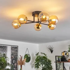 hofstein Plafonnier - Verre 10 cm Chehalis Or, Noir, 6 lumières