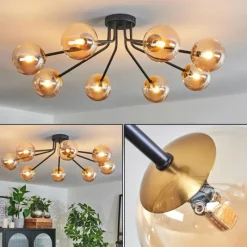 hofstein Plafonnier - Verre 12 cm Chehalis Or, Noir, 8 lumières