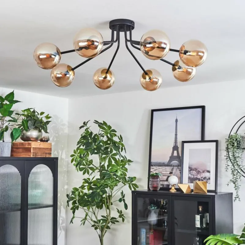 hofstein Plafonnier - Verre 12 cm Chehalis Or, Noir, 8 lumières