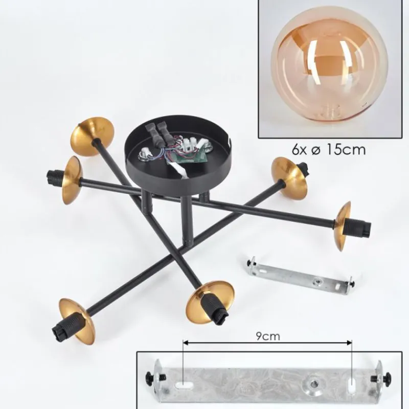 hofstein Plafonnier - Verre 15 cm Chehalis Or, Noir, 6 lumières