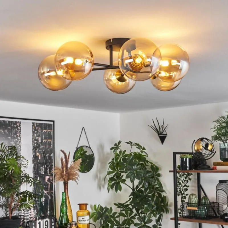 hofstein Plafonnier - Verre 15 cm Chehalis Or, Noir, 6 lumières