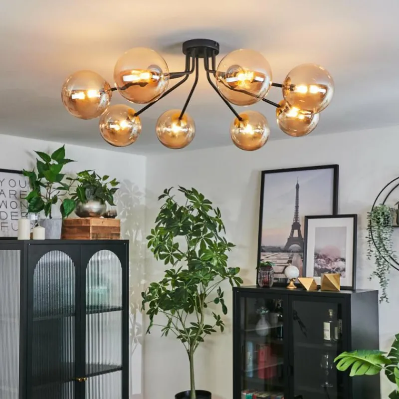 hofstein Plafonnier - Verre 15 cm Chehalis Or, Noir, 8 lumières