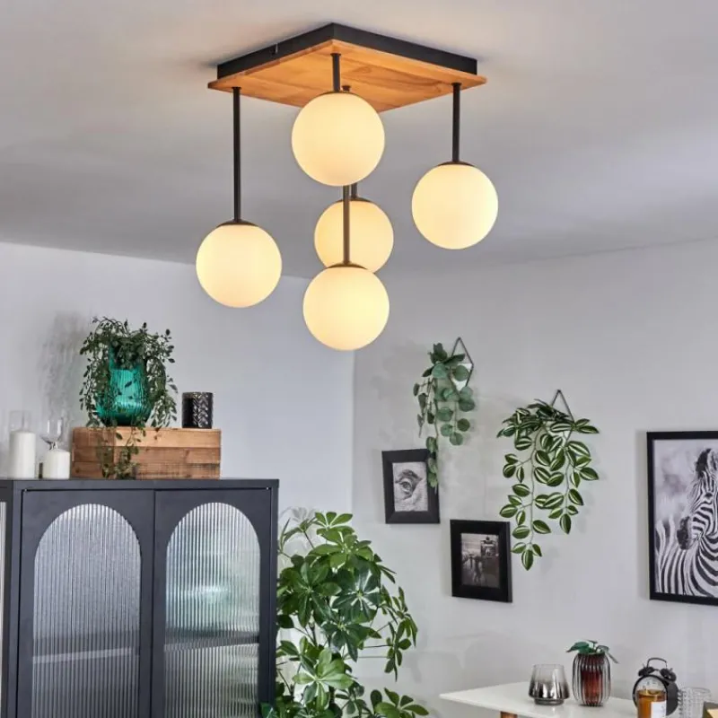 hofstein Plafonnier - Verre 12 cm Chehalis Écru, Noir, 5 lumières