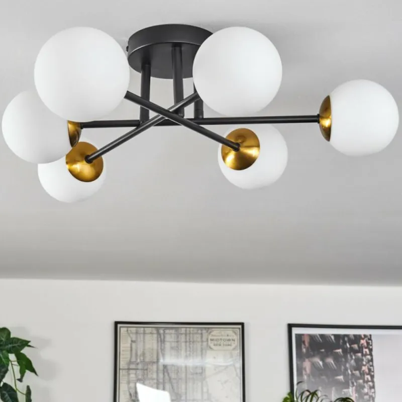 hofstein Plafonnier - Verre 10 cm Chehalis Or, Noir, 6 lumières