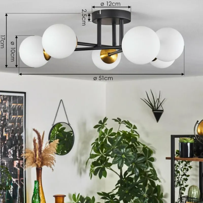 hofstein Plafonnier - Verre 10 cm Chehalis Or, Noir, 6 lumières