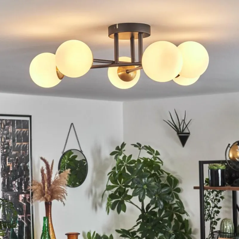 hofstein Plafonnier - Verre 10 cm Chehalis Or, Noir, 6 lumières