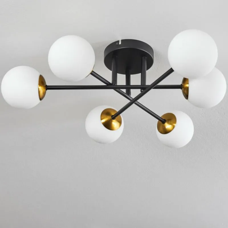 hofstein Plafonnier - Verre 10 cm Chehalis Or, Noir, 6 lumières