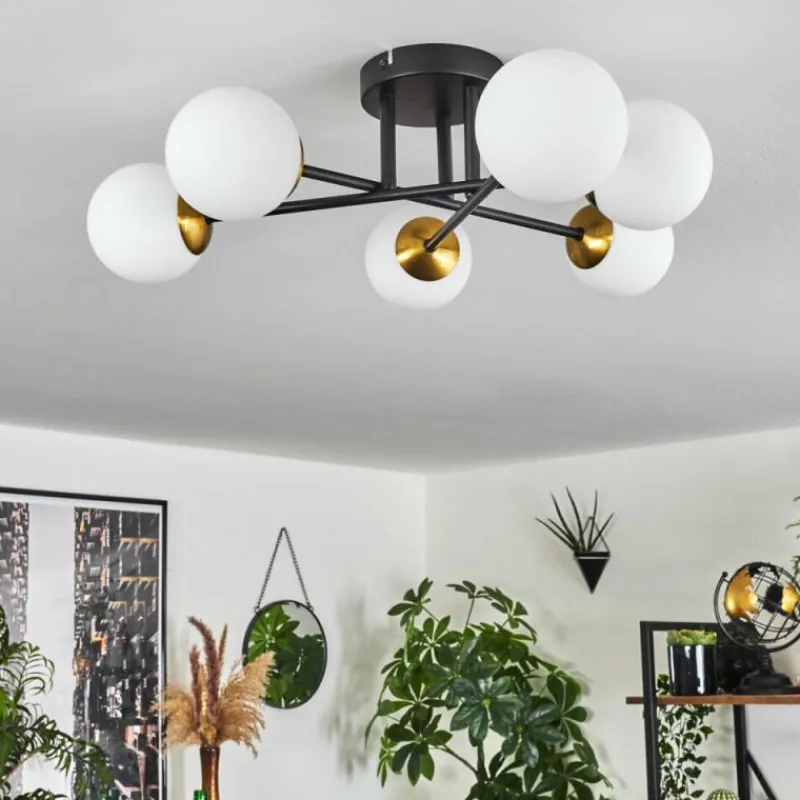 hofstein Plafonnier - Verre 10 cm Chehalis Or, Noir, 6 lumières