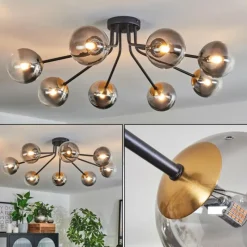 Lampes Dorées-hofstein Plafonnier - Verre 12 cm Chehalis Or, Noir, 8 lumières