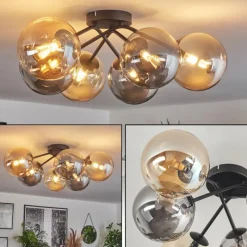 hofstein Plafonnier - Verre 15 cm Chehalis Ambre, Fumé, 6 lumières