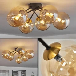 hofstein Plafonnier - Verre 15 cm Chehalis Or, Noir, 6 lumières