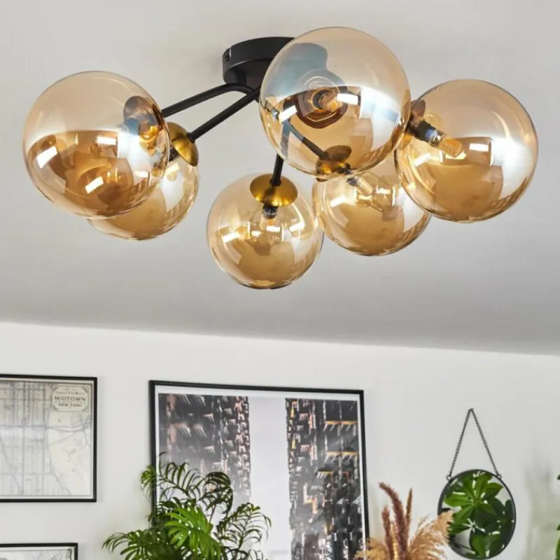 hofstein Plafonnier - Verre 15 cm Chehalis Or, Noir, 6 lumières