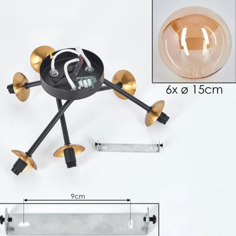 hofstein Plafonnier - Verre 15 cm Chehalis Or, Noir, 6 lumières