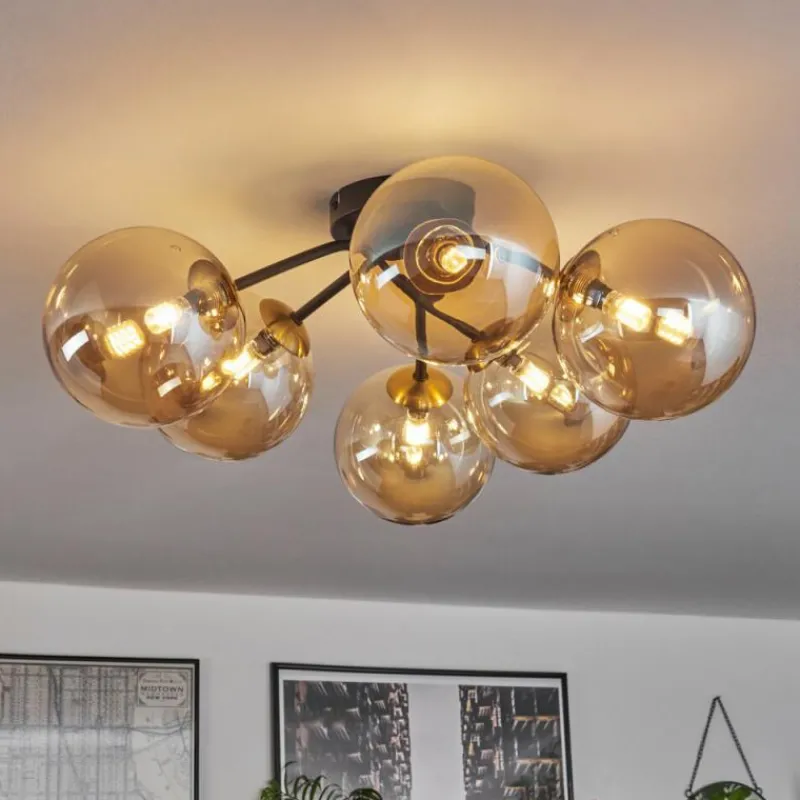 hofstein Plafonnier - Verre 15 cm Chehalis Or, Noir, 6 lumières