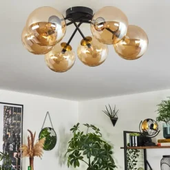 hofstein Plafonnier - Verre 15 cm Chehalis Or, Noir, 6 lumières