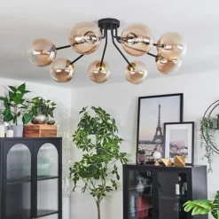 hofstein Plafonnier - Verre 15 cm Chehalis Or, Noir, 8 lumières