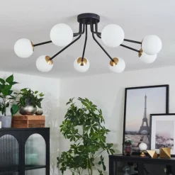 hofstein Plafonnier - Verre 10 cm Chehalis Or, Noir, 8 lumières