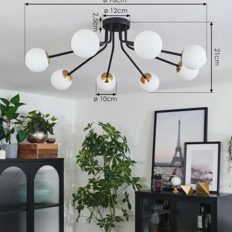 hofstein Plafonnier - Verre 10 cm Chehalis Or, Noir, 8 lumières