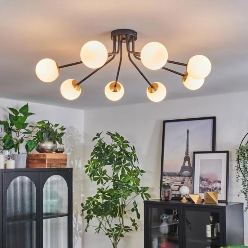 hofstein Plafonnier - Verre 10 cm Chehalis Or, Noir, 8 lumières