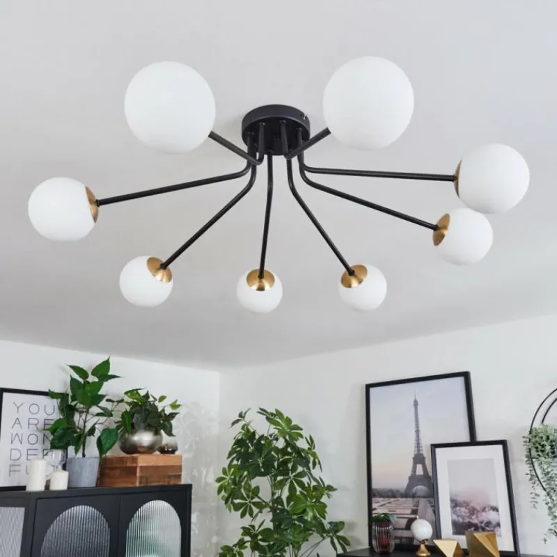 hofstein Plafonnier - Verre 10 cm Chehalis Or, Noir, 8 lumières