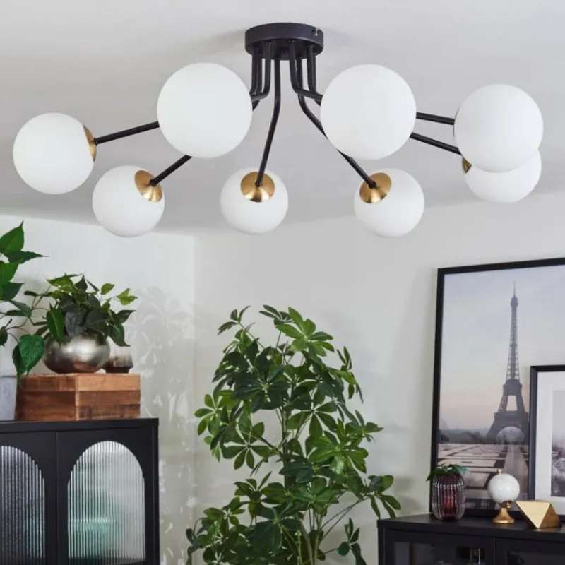 hofstein Plafonnier - Verre 12 cm Chehalis Or, Noir, 8 lumières