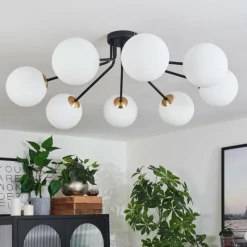 hofstein Plafonnier - Verre 15 cm Chehalis Or, Noir, 8 lumières