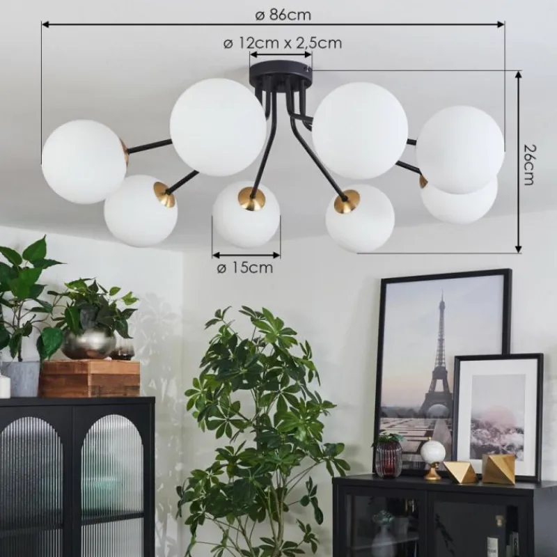 hofstein Plafonnier - Verre 15 cm Chehalis Or, Noir, 8 lumières