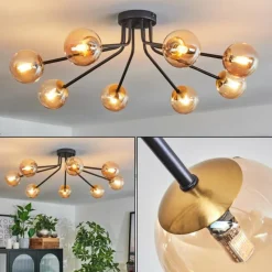 hofstein Plafonnier - Verre 10 cm Chehalis Or, Noir, 8 lumières