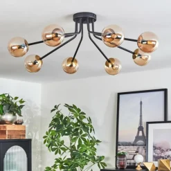 hofstein Plafonnier - Verre 10 cm Chehalis Or, Noir, 8 lumières