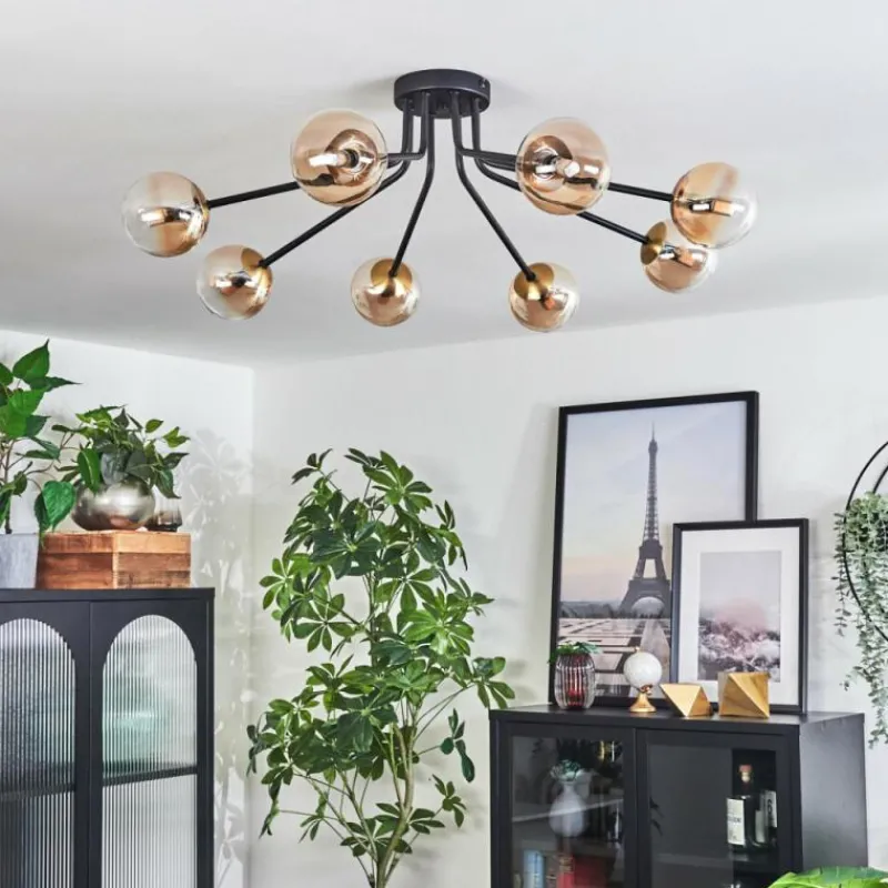 hofstein Plafonnier - Verre 10 cm Chehalis Or, Noir, 8 lumières