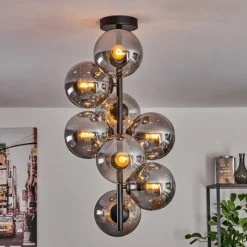 hofstein Plafonnier - Verre 15 cm Gastor Fumé, 8 lumières