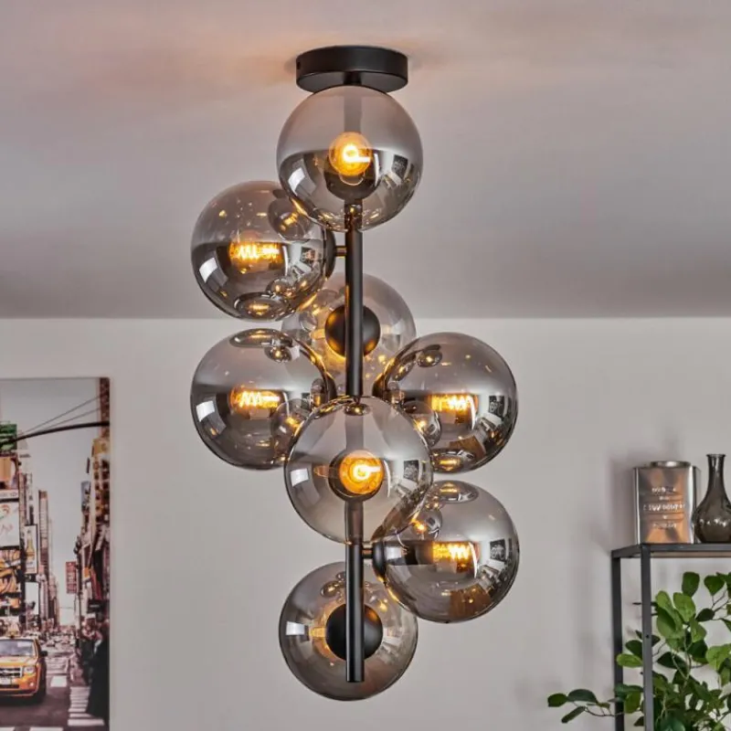 hofstein Plafonnier - Verre 15 cm Gastor Fumé, 8 lumières