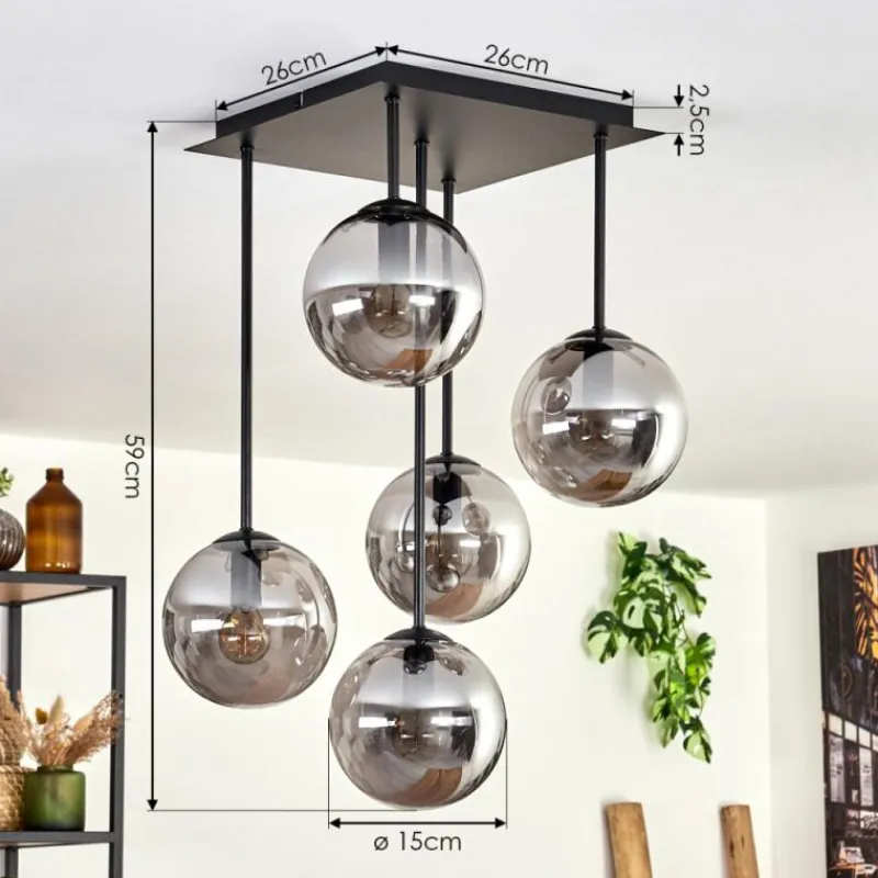 hofstein Plafonnier - Verre 15 cm Gastor Fumé, 5 lumières