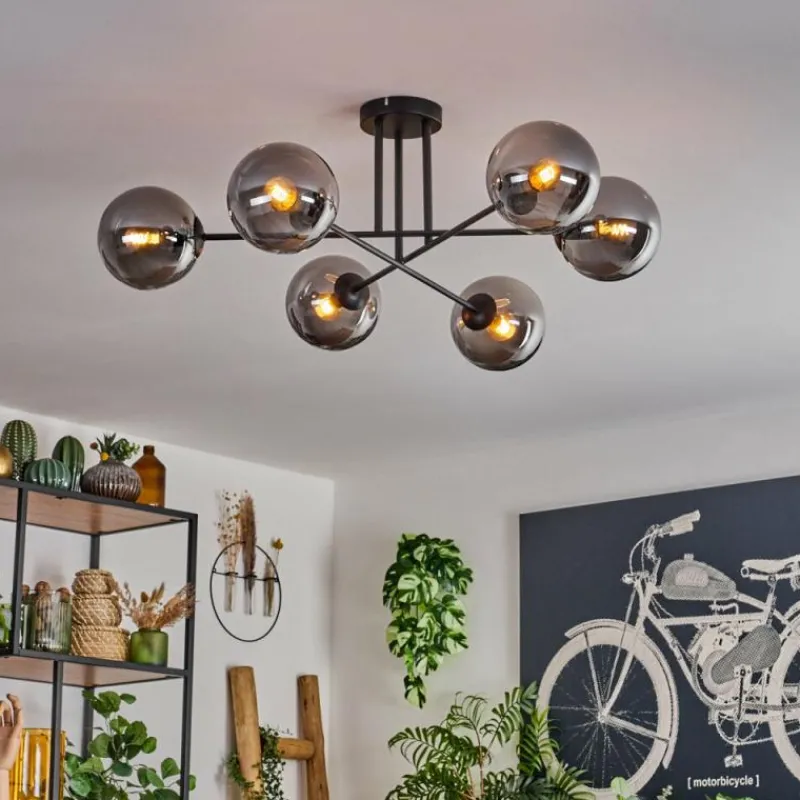 hofstein Plafonnier - Verre 15 cm Gastor Fumé, 6 lumières