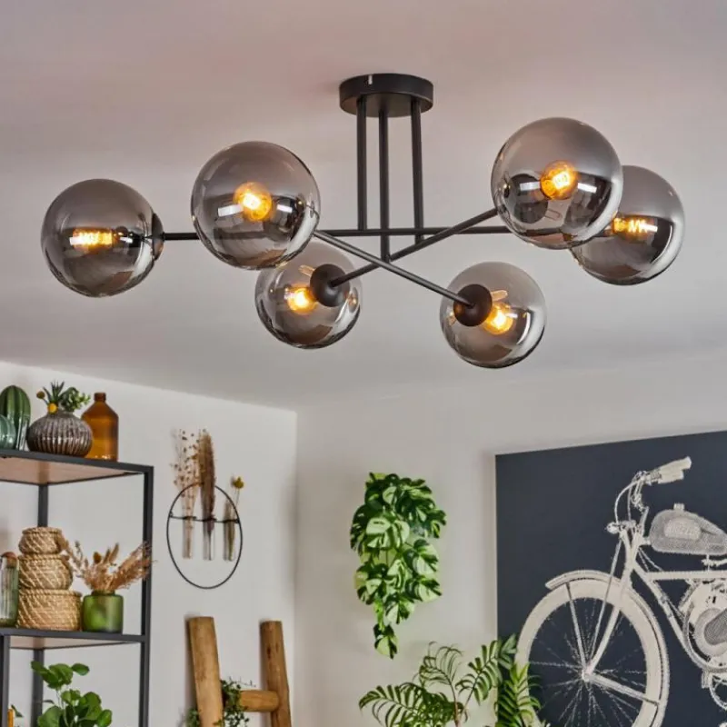 hofstein Plafonnier - Verre 15 cm Gastor Fumé, 6 lumières