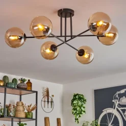 hofstein Plafonnier - Verre 15 cm Gastor Ambre, 6 lumières