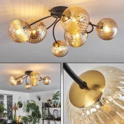 hofstein Plafonnier - Verre Chehalis Or, Noir, 6 lumières