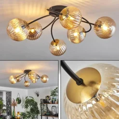 hofstein Plafonnier - Verre Chehalis Or, Noir, 6 lumières