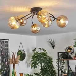 hofstein Plafonnier - Verre Chehalis Or, Noir, 6 lumières