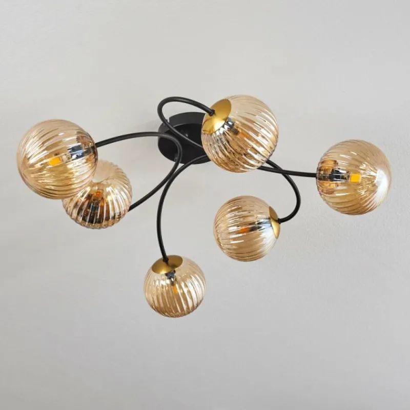 hofstein Plafonnier - Verre Chehalis Or, Noir, 6 lumières