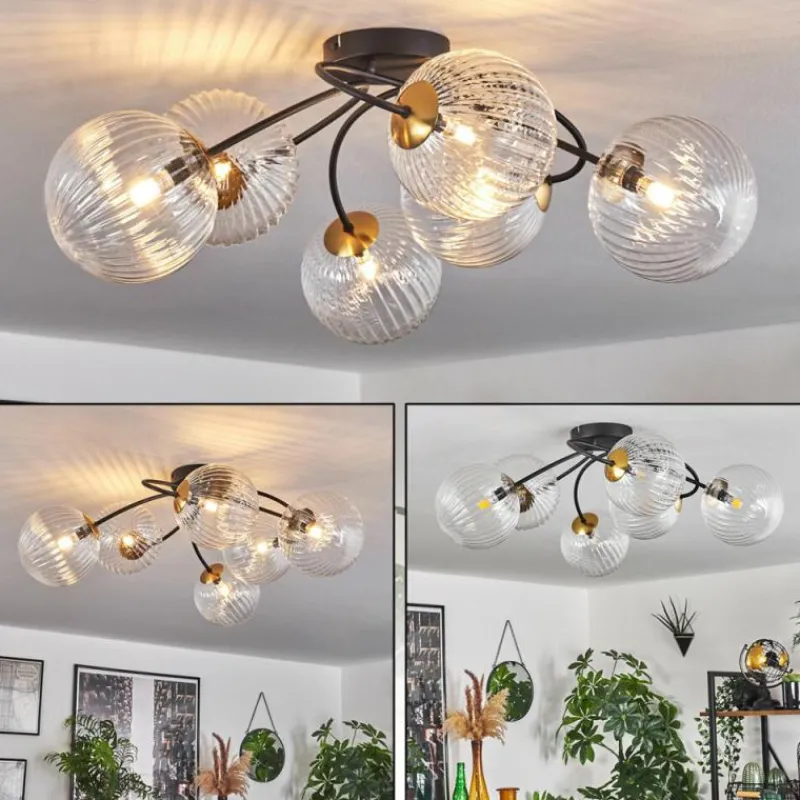 hofstein Plafonnier - Verre Chehalis Or, Noir, 6 lumières