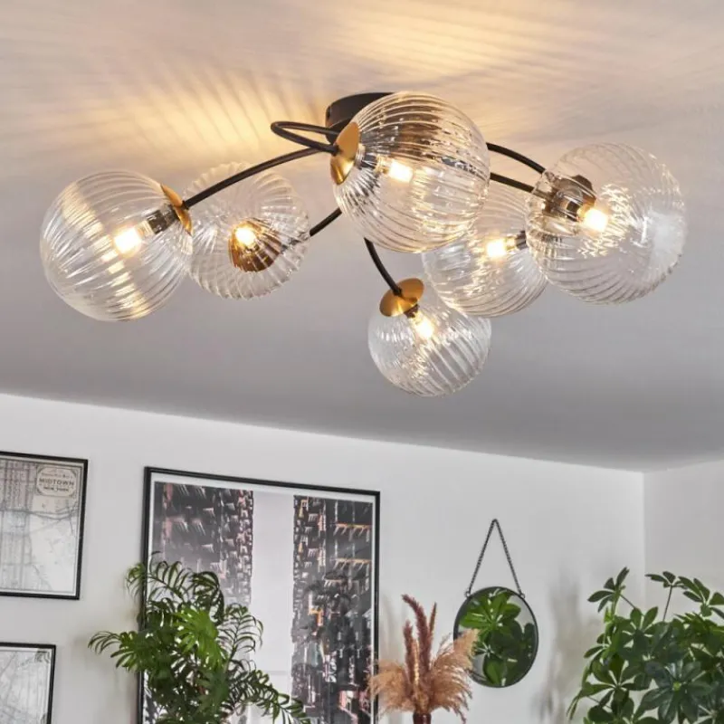 hofstein Plafonnier - Verre Chehalis Or, Noir, 6 lumières