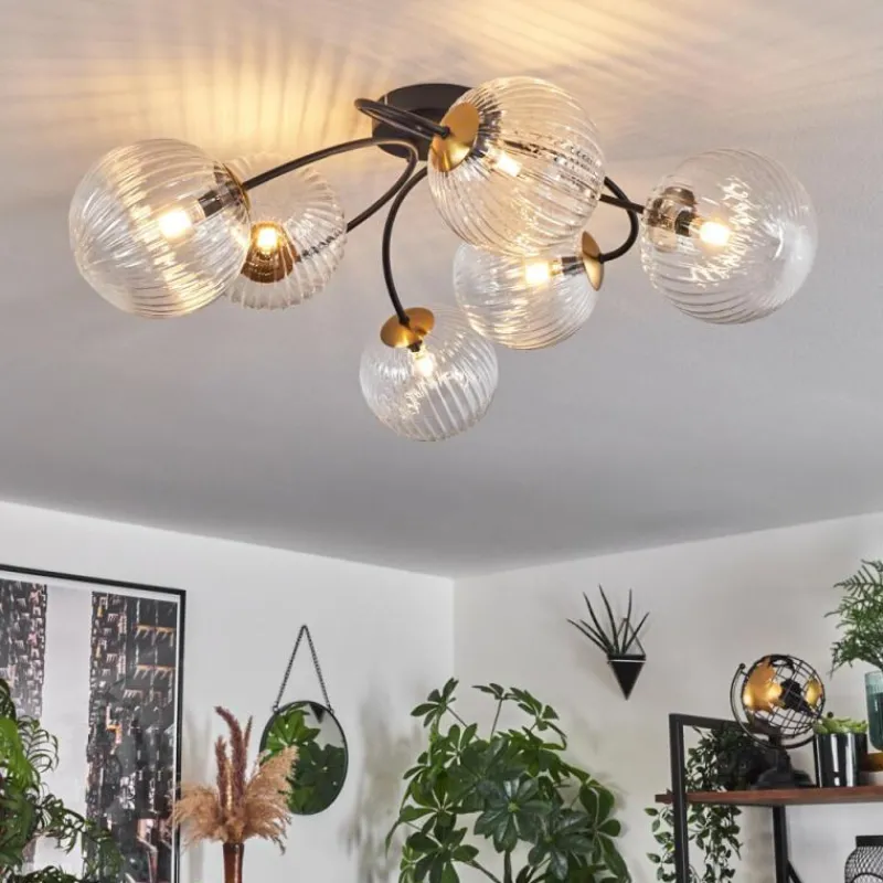 hofstein Plafonnier - Verre Chehalis Or, Noir, 6 lumières