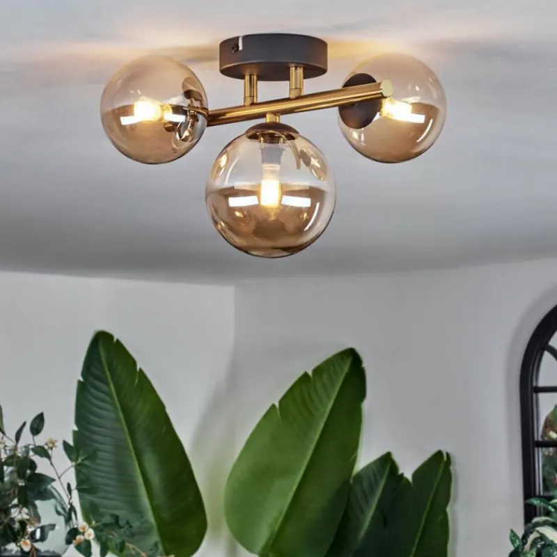 hofstein Plafonnier - Verre Chehalis Or, Noir, 3 lumières