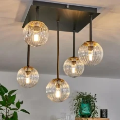 hofstein Plafonnier - Verre Chehalis Or, Noir, 5 lumières