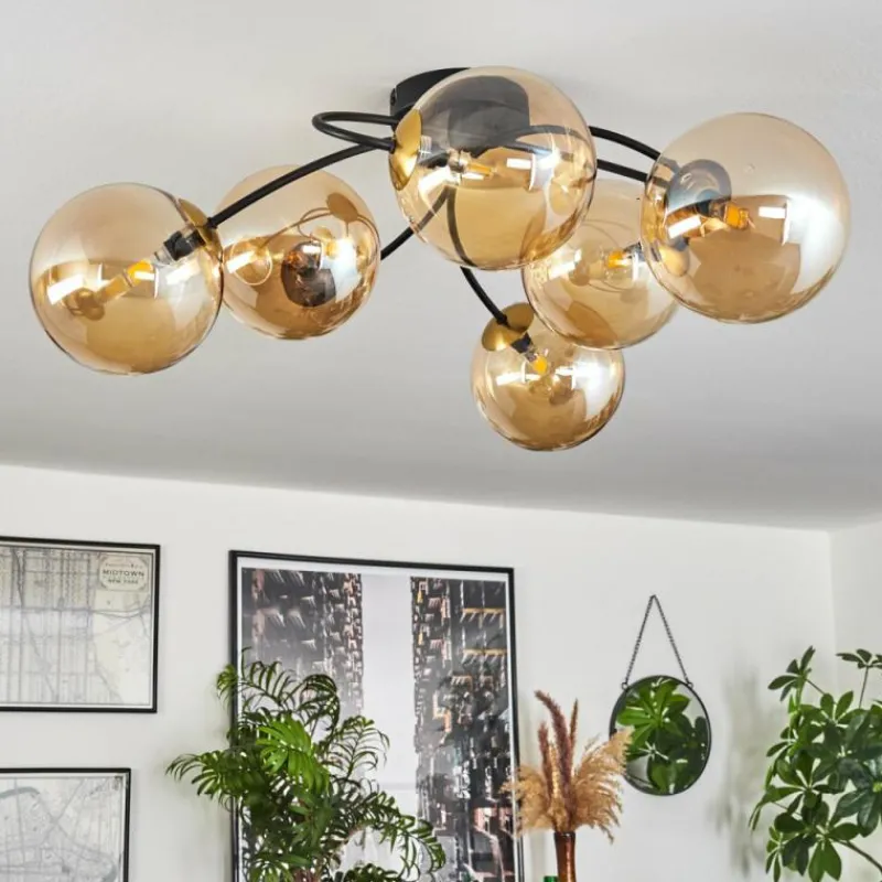 hofstein Plafonnier - Verre Chehalis Or, Noir, 6 lumières
