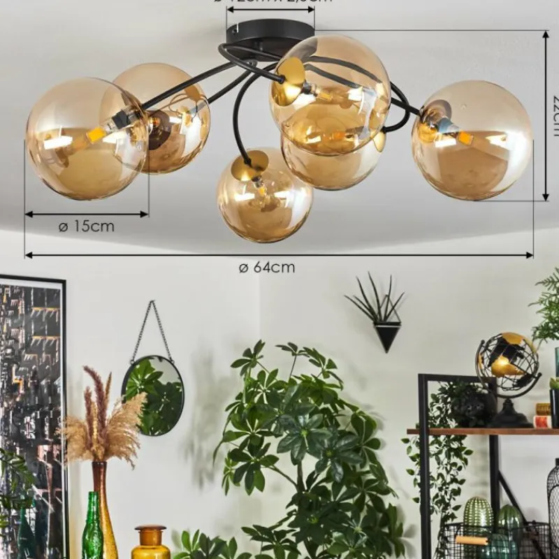 hofstein Plafonnier - Verre Chehalis Or, Noir, 6 lumières